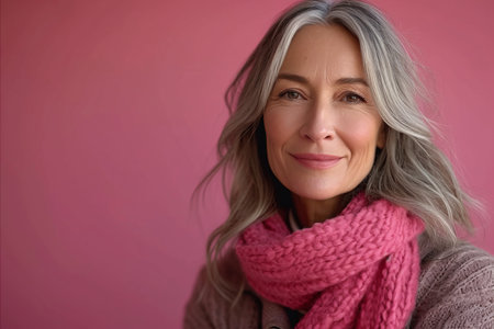 a woman with gray hair wearing a pink scarfの素材