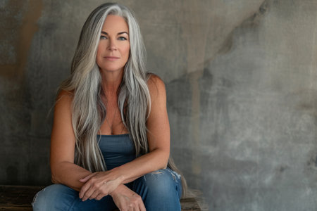 a woman with long gray hair sitting on a wooden benchの素材