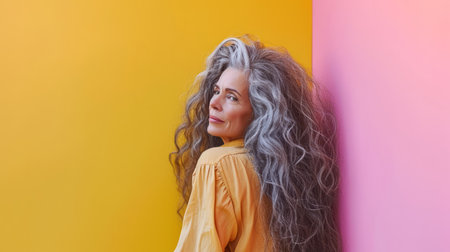 a woman with long gray hair standing in front of a colorful wallの素材