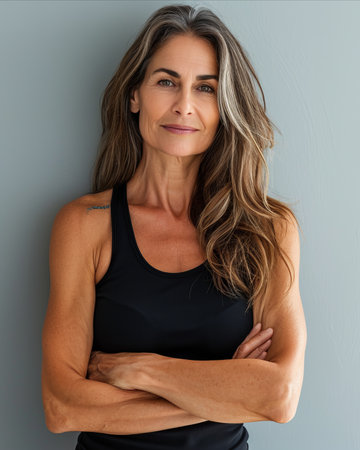 a woman with long hair and a black tank top standing in front of a gray wallの素材