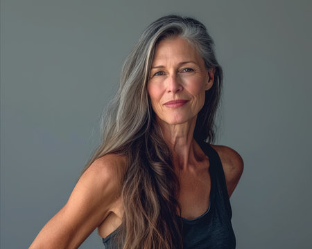 a woman with long hair and a black tank topの素材