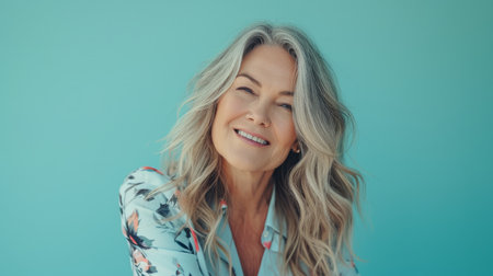 a woman with long gray hair smiling and looking at the cameraの素材