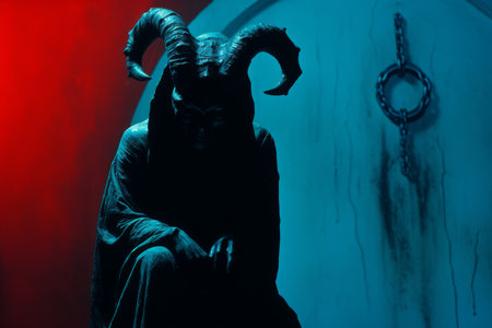 a statue of a demon with horns sitting in front of a doorの素材