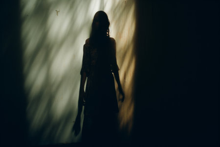 a silhouette of a woman standing in front of a wallの素材