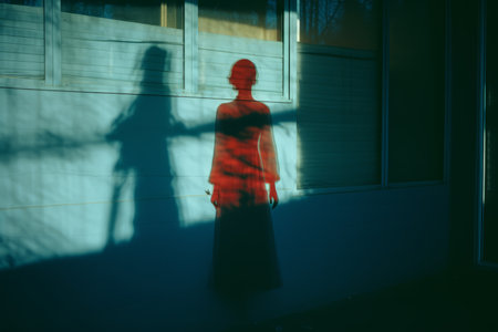a shadow of a woman in a red dress standing in front of a windowの素材