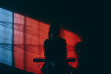 a silhouette of two people sitting in front of a red and blue lightの素材