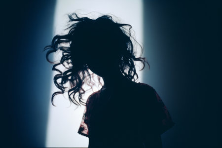a silhouette of a woman with long hair in the darkの素材