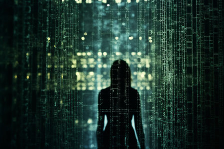 a silhouette of a person standing in front of a computer screenの素材