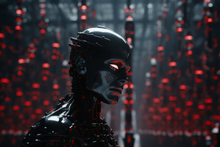 a robot standing in front of red lightsの素材