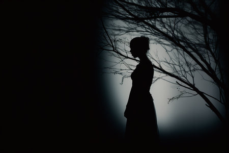a silhouette of a woman standing in front of a treeの素材