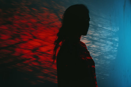 a silhouette of a woman standing in front of a red and blue wallの素材