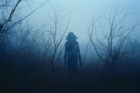 a person standing in the middle of a foggy forestの素材