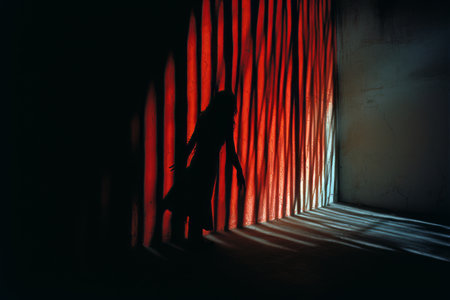 a silhouette of a person standing in front of a red curtainの素材