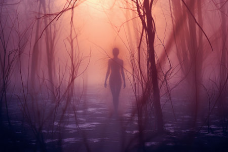 a person standing in the middle of a foggy forestの素材