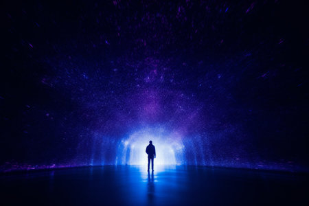 a person standing in the middle of a dark tunnelの素材