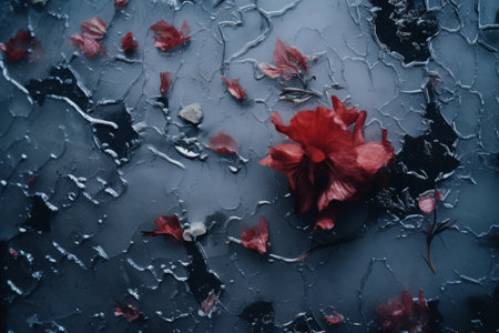 a red flower sits on top of a black surfaceの素材