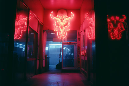a red neon sign with a bull head on itの素材
