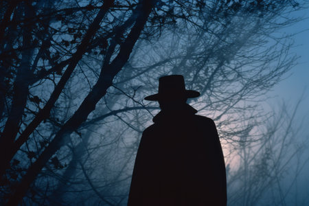 a silhouette of a man in a hat and coat standing in the fogの素材