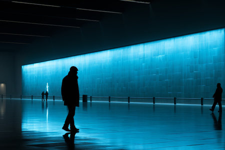 a person walking in a dark room with a blue wallの素材