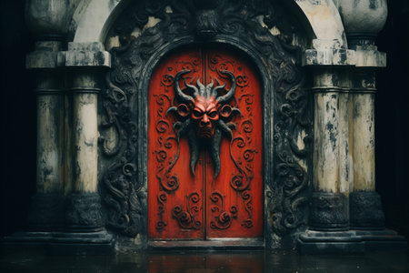 a red door with a demon head on itの素材