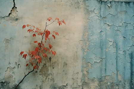 a red leaf is growing on a wall in front of a blue wallの素材