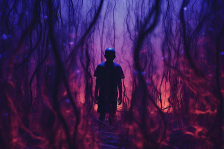 a person standing in the middle of a forestの素材