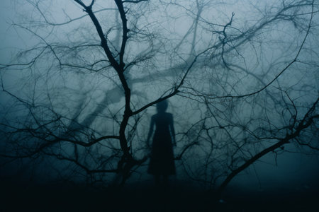 a person standing in the middle of a dark forestの素材
