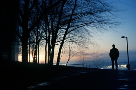 a person walking down a sidewalk at duskの素材