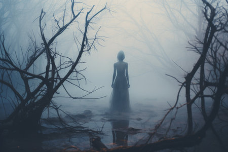 a person standing in the middle of a foggy forestの素材
