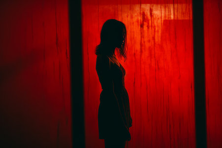 a silhouette of a woman standing in front of a red curtainの素材