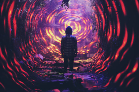 a person standing in the middle of a dark tunnelの素材