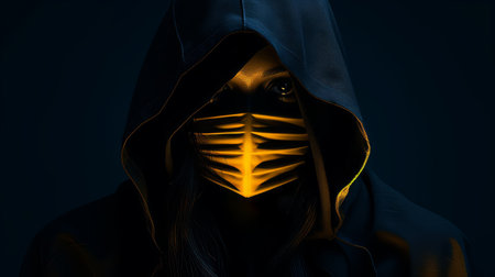 a person wearing a black hoodie with a yellow face maskの素材