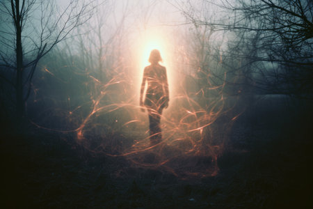 a person standing in the middle of a dark forestの素材