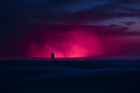 a person standing in the middle of a desert at nightの素材