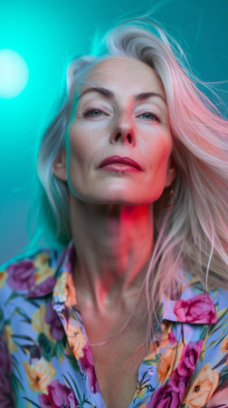 a woman with long white hair in a floral shirtの素材
