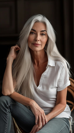 a woman with long white hair sitting on a chairの素材