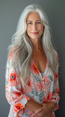 a woman with long white hair posing for the cameraの素材