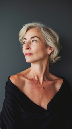 a woman with short blonde hair and a black topの素材