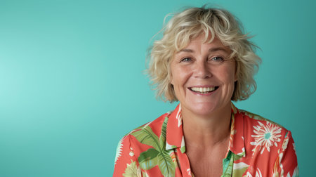 a woman with short blonde hair smiling at the cameraの素材