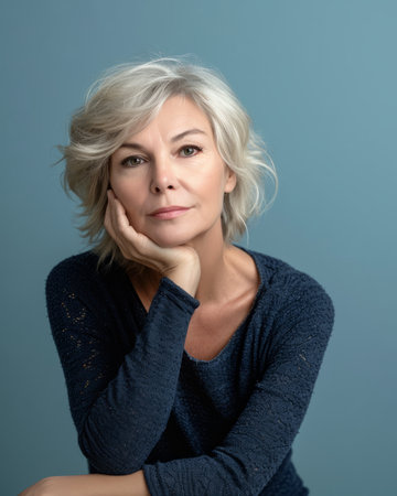 a woman with short hair sitting on a chair with her hand on her chinの素材