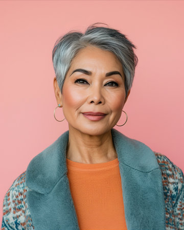 an asian woman with gray hair wearing an orange topの素材
