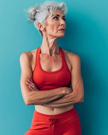 an older woman in a red sports bra top standing against a blue wallの素材