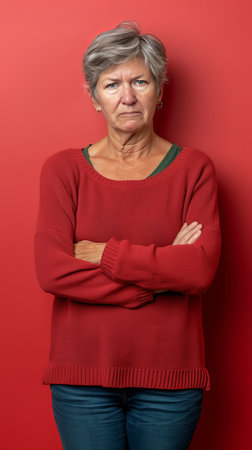 an older woman in a red sweater standing against a red wallの素材