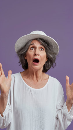 an older woman in a white hat with her mouth openの素材