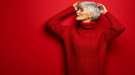 an older woman in a red sweater posing against a red backgroundの素材