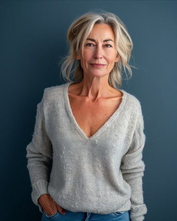 an older woman in a sweater and jeans posing for the cameraの素材