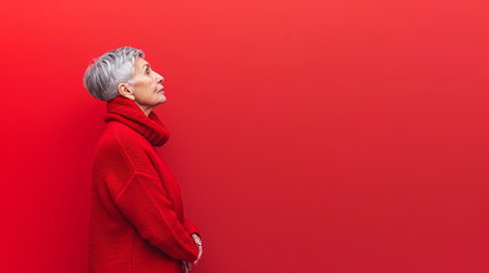 an older woman in a red sweater standing against a red wallの素材
