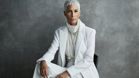 an older woman in a white suit sitting on a chairの素材
