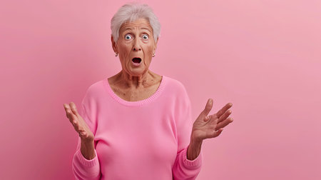 an older woman is making a surprised face on a pink backgroundの素材