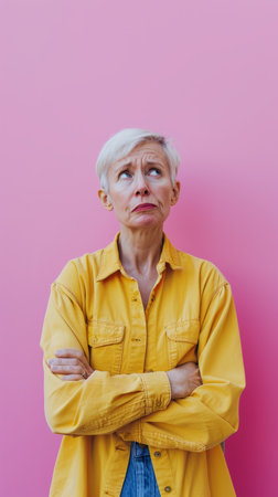 an older woman standing against a pink wall with her arms crossedの素材